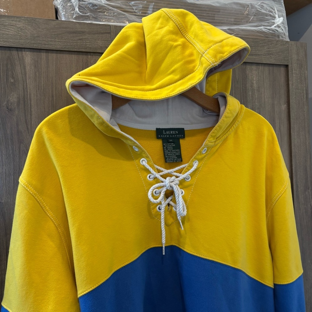 Lauren Ralph Lauren 3X Hoodie Yellow and Blue Color Block Sweatshirt - Picture 5 of 13
